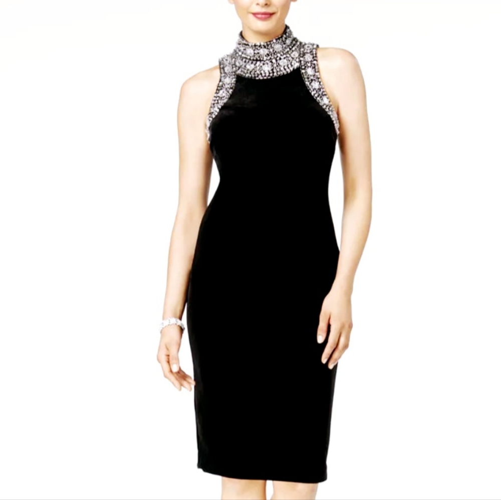 Betsy & Adam Black Midi Dress with Silver Beaded Halter Neck